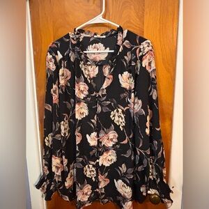Maurices Black Floral Top with Ruffle Accents